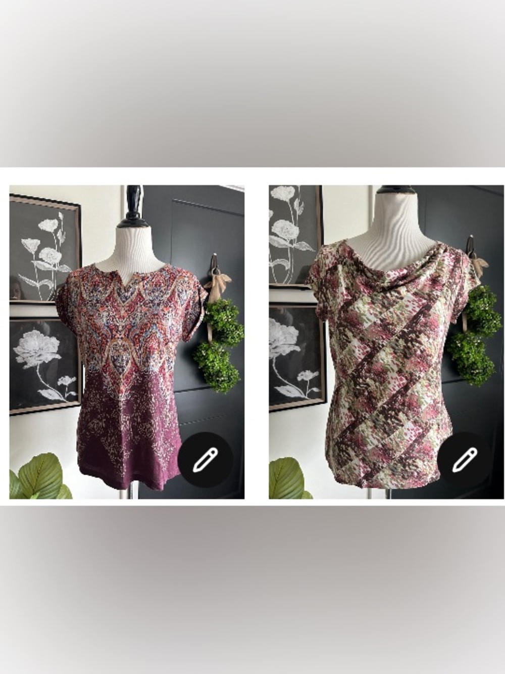 Bundle of 2 Burgundy Multi-Pattern Notch-Neck Short Sleeve Tops